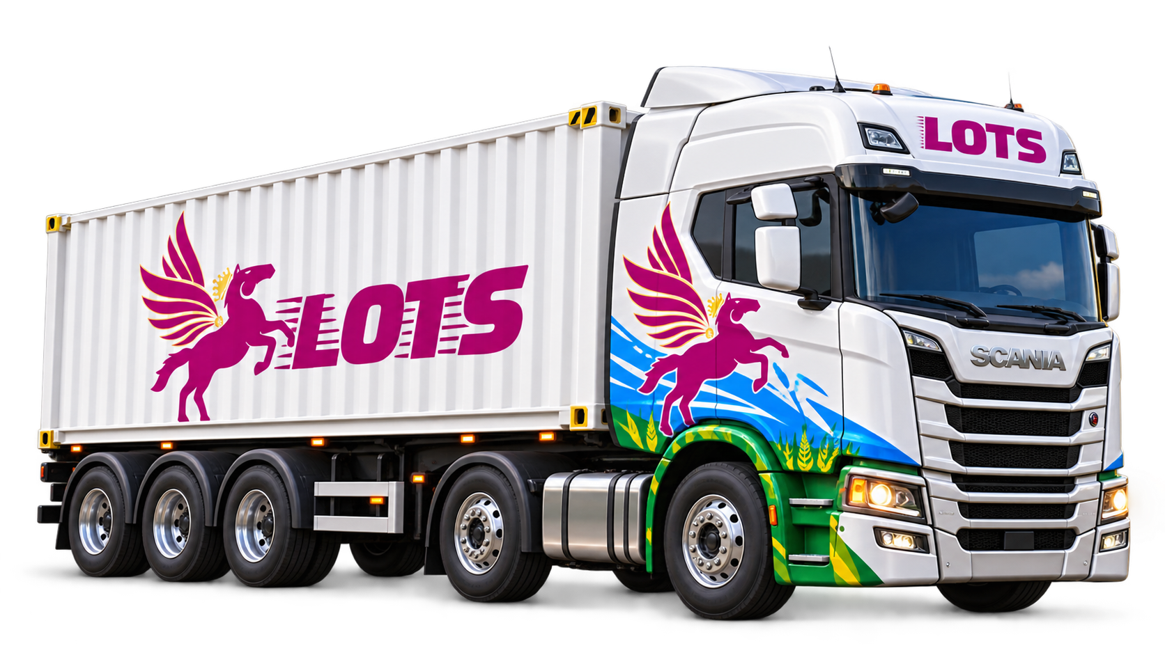 3D LOTS truck with white Scania cab, purple winged horse and blue-green livery